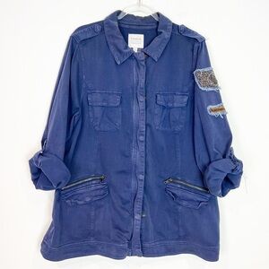 TORRID BLUE ZIP SNAP UTILITY JACKET GOLD BEADING DETAIL ROLL TAB SLEEVES SZ 3/3X